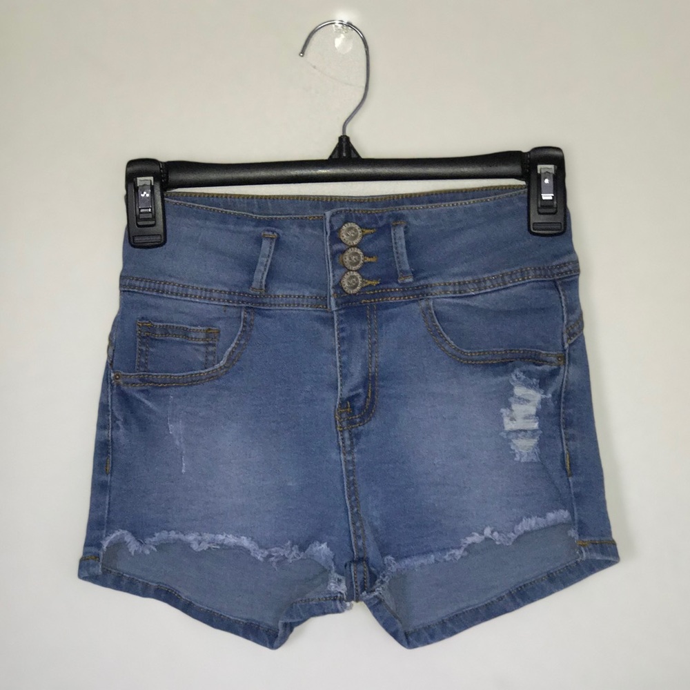 Light blue high-waisted jean shorts